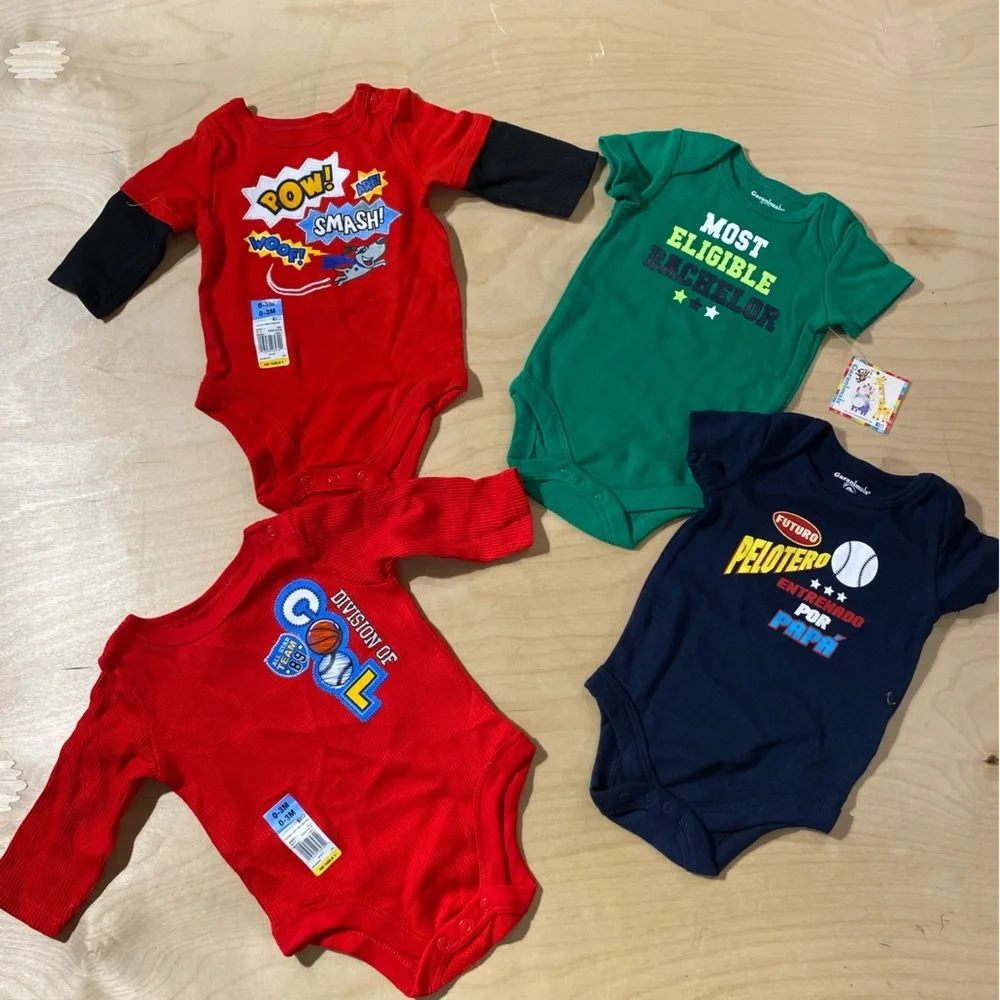 4 Garanimals Comic and Sports Baby Bodysuits - Red, Green, Navy 0-3M (OQ)